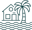 Vacation rental icon with house, sea view, and palm tree